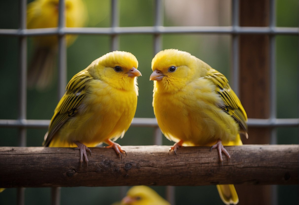 Canaries sleep perched on wooden bars inside a cage, their feathers fluffed and heads tucked under their wings