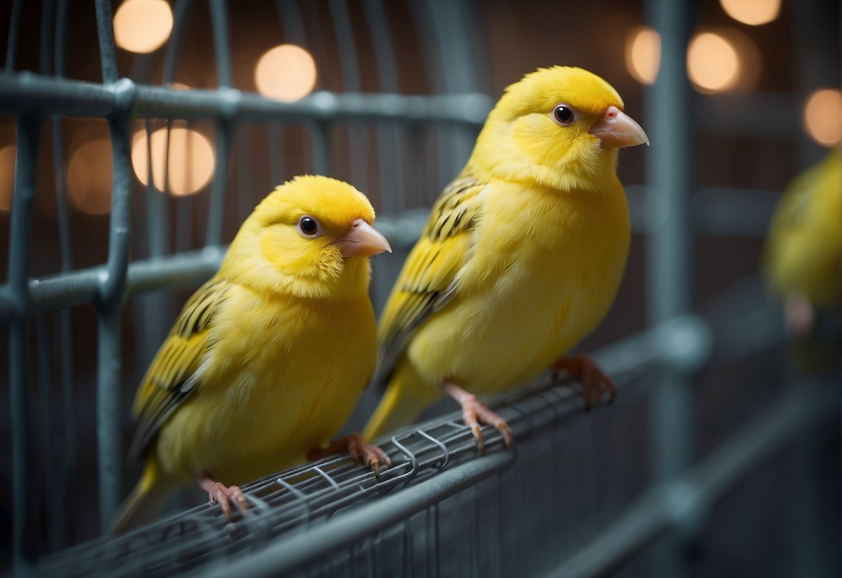 Canaries sleep in a spacious cage with perches and soft bedding. The cage is well-lit and ventilated, with access to food and water