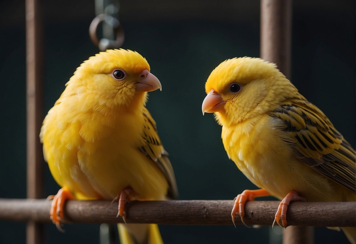 Canaries perch on wooden bars inside a cage, fluffing their feathers before settling down to sleep