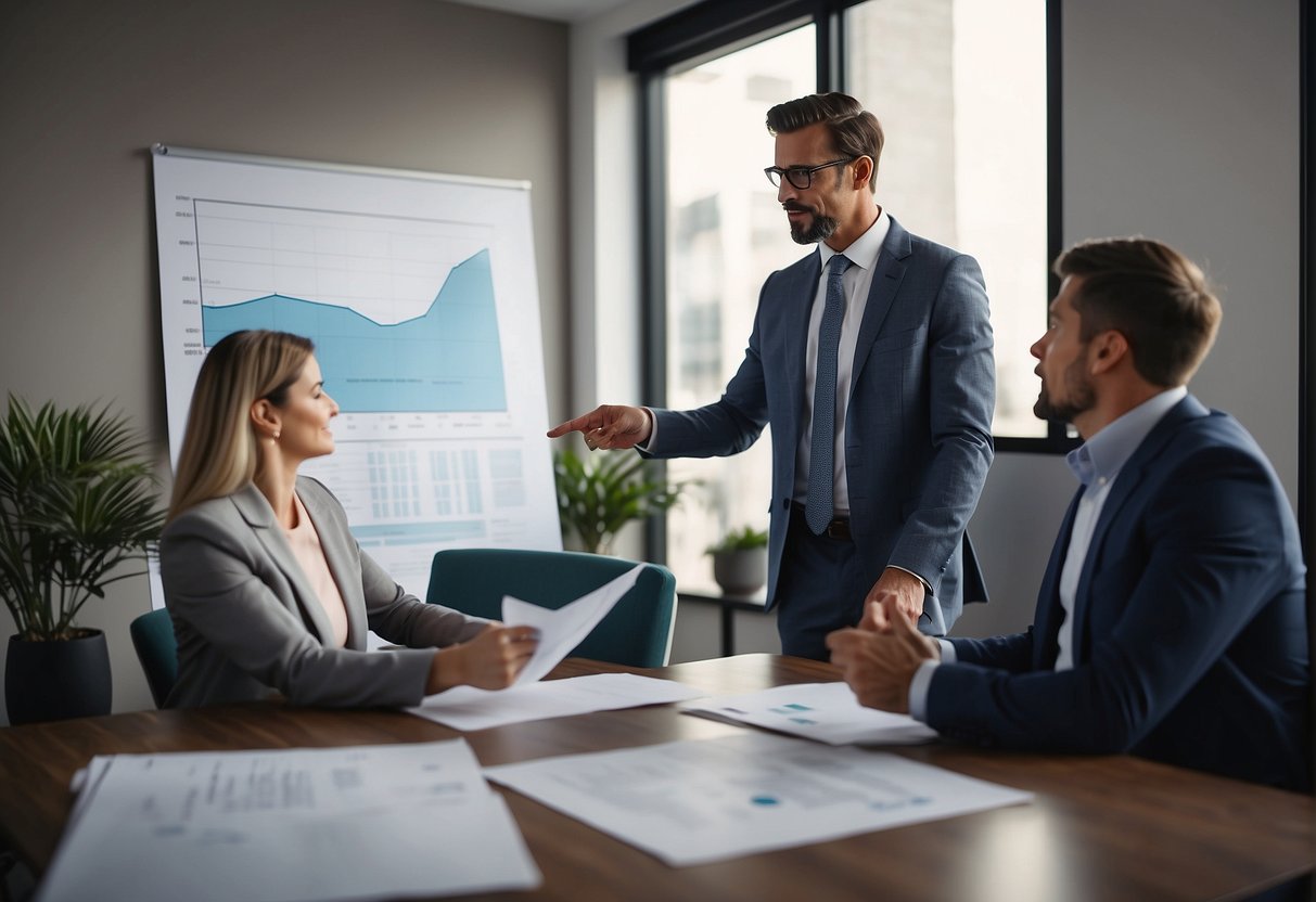 A real estate agent discussing partition process with clients in an office setting, pointing to a diagram of property division