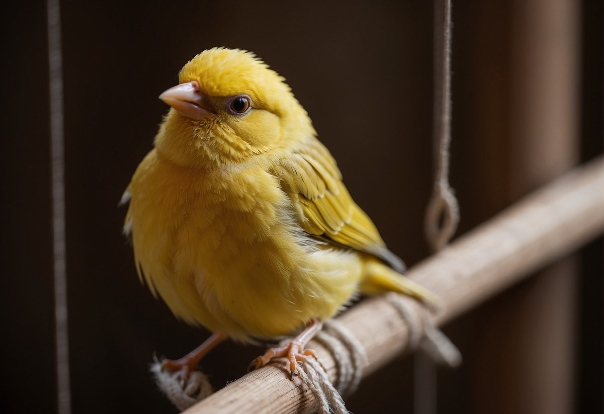 A canary sleeps in a cage, perched on a wooden dowel with its head tucked under its wing