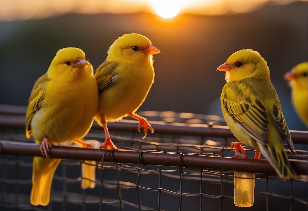 The canaries stop singing as the sun sets, casting a warm glow over their cage