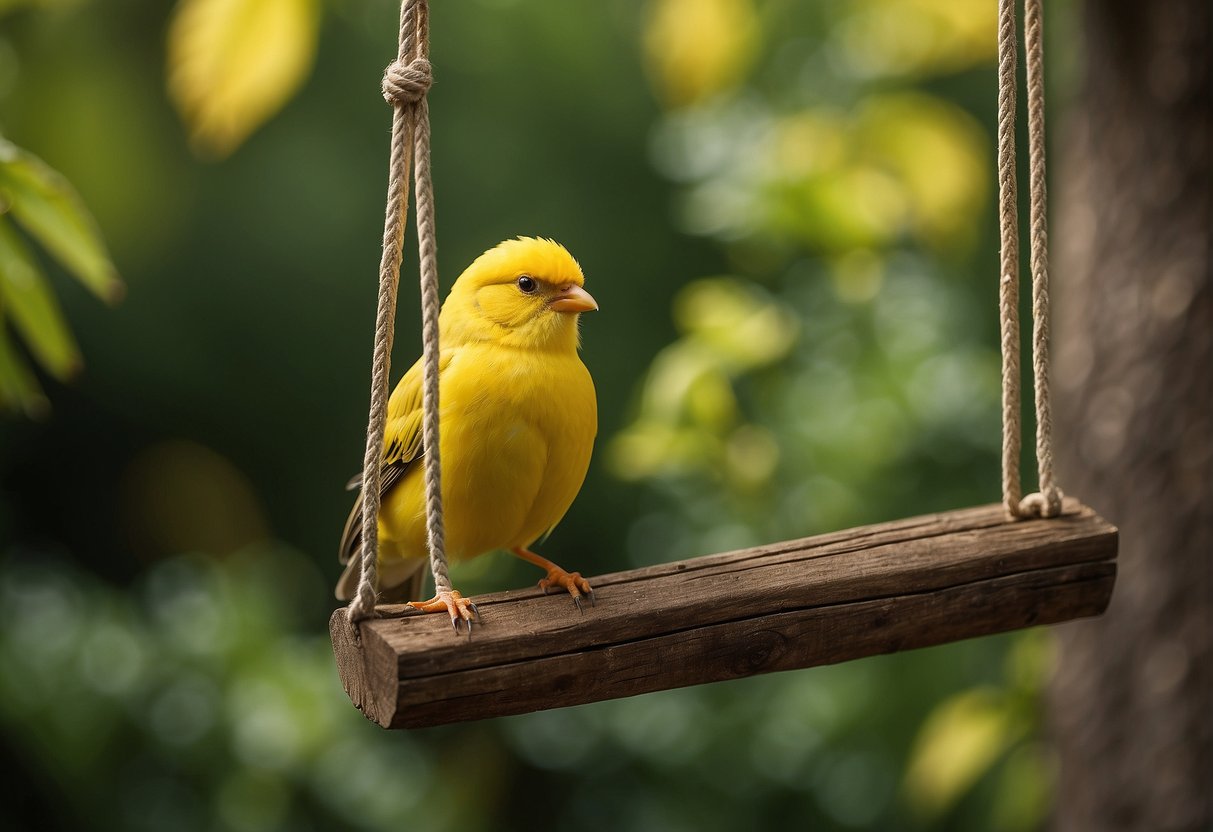 A canary perches on a wooden swing, singing melodiously. Its bright yellow feathers stand out against the green foliage in the background