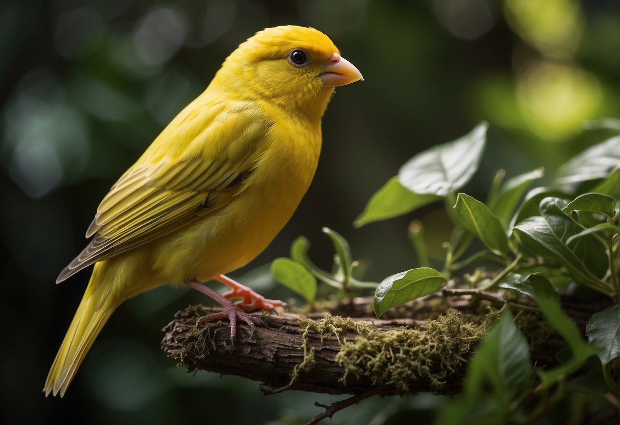 A canary perched on a branch, surrounded by lush greenery and a clean, spacious cage. The bird is singing joyfully, with a small dish of fresh water nearby