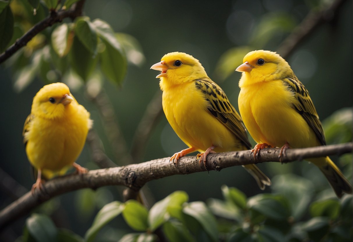 A group of canaries perched on tree branches, their beaks open as they sing, surrounded by a peaceful and natural setting