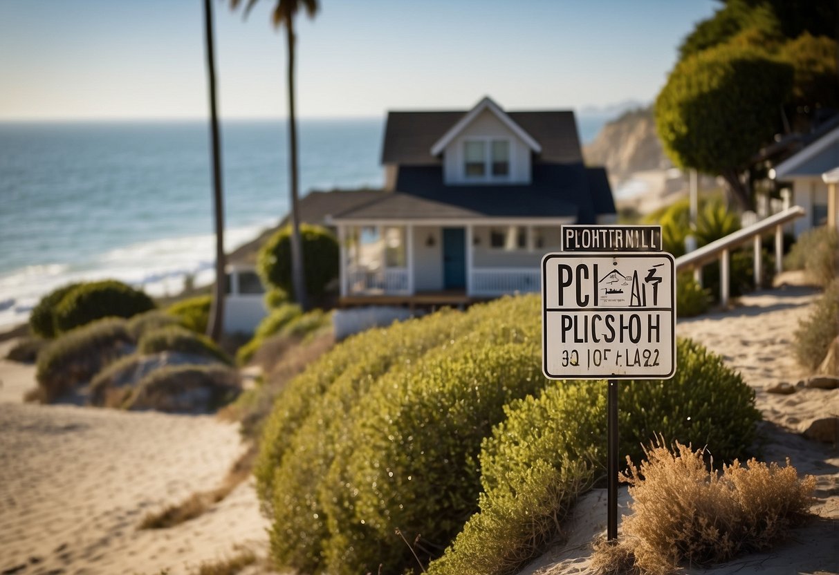 A real estate listing with "PCH" highlighted. A house, a beach, and a highway sign in the background