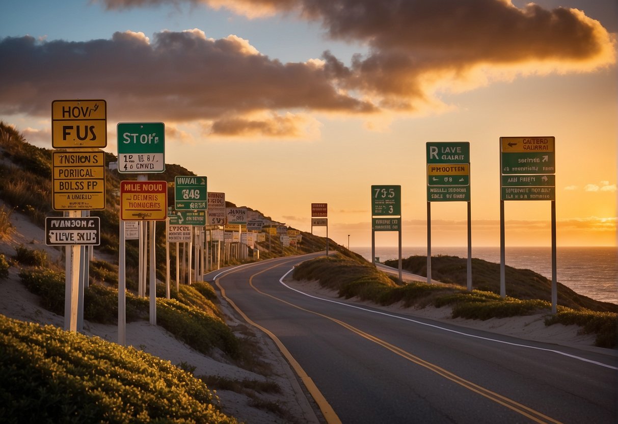 A coastal highway winds along the ocean, lined with real estate signs. The sun sets over the horizon, casting a warm glow on the changing prices