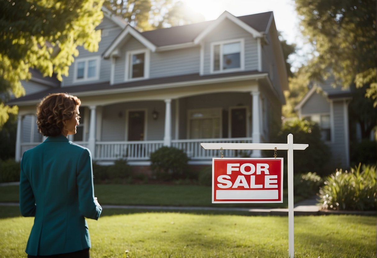 A house with a "For Sale" sign on the front lawn, a real estate agent talking to potential buyers, and a "Sold" sticker on the sign