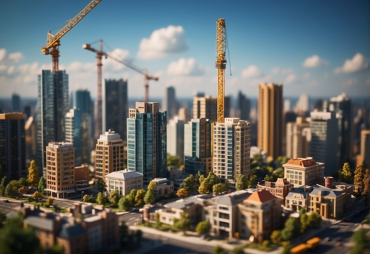 A vibrant city skyline with various real estate properties and symbols of growth and change, such as construction cranes and rising property values