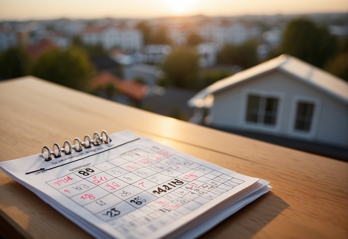A calendar with a marked date, a contract with "Pending Expiration" written on it, and a real estate property in the background