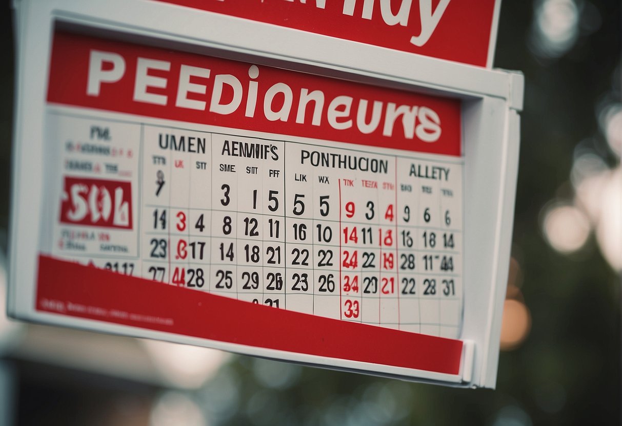 A calendar with a looming date circled in red, a real estate sign with the word "Pending" prominently displayed, and a worried expression on the buyer's face