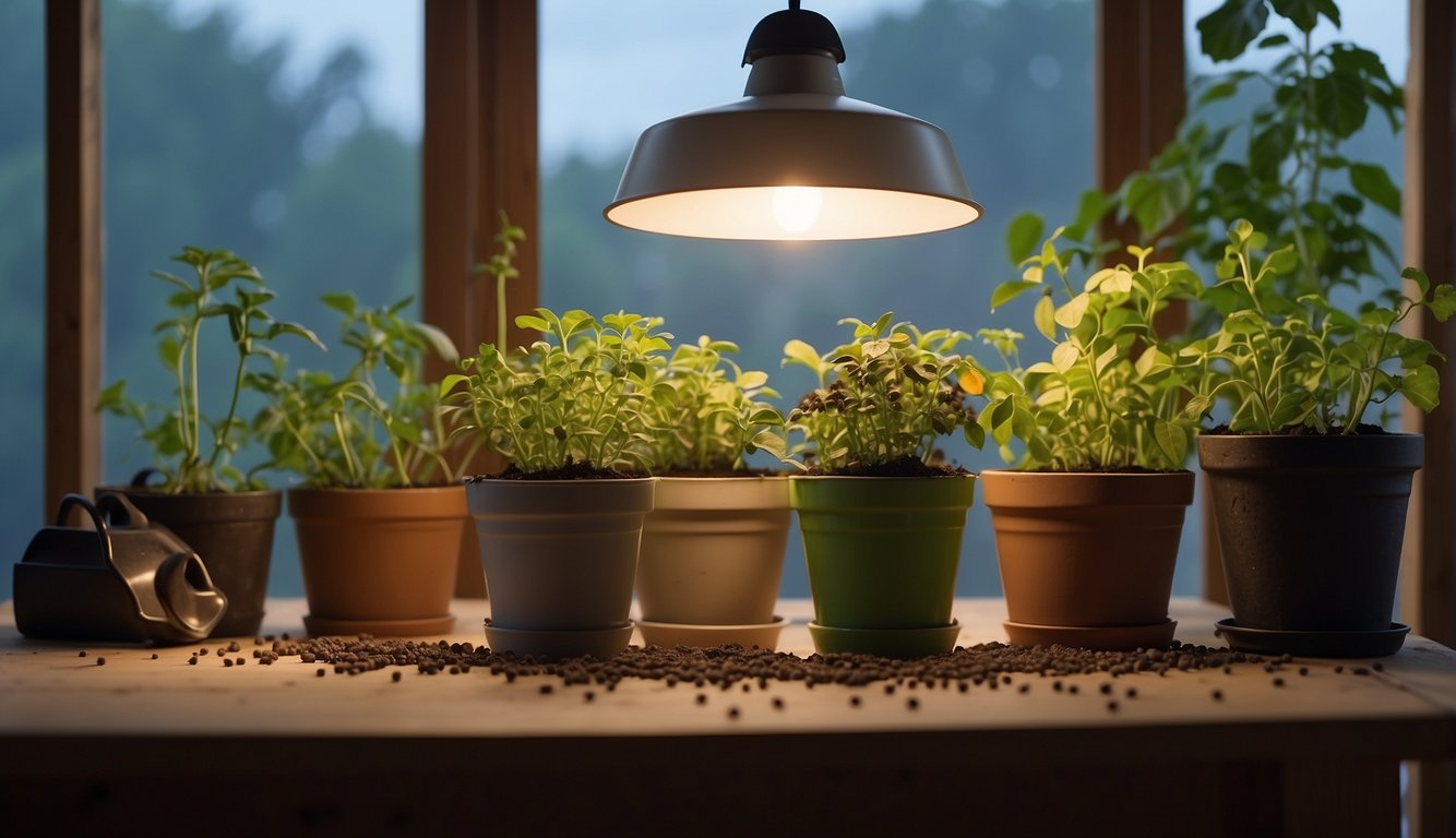 A table with pots, soil, and pepper seeds. A grow light hanging above the table. A watering can and fertilizer nearby