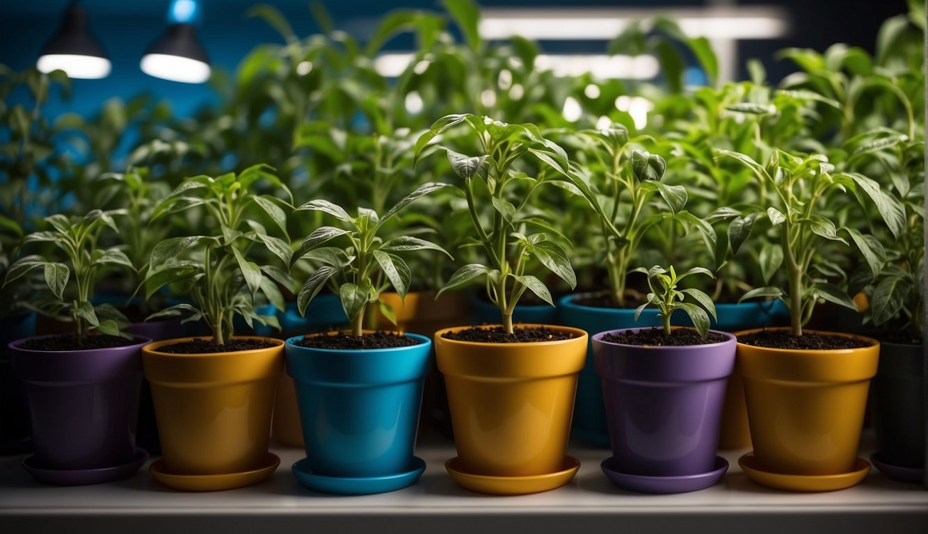A variety of pepper plants arranged on a shelf under grow lights, with pots of different sizes and colors
