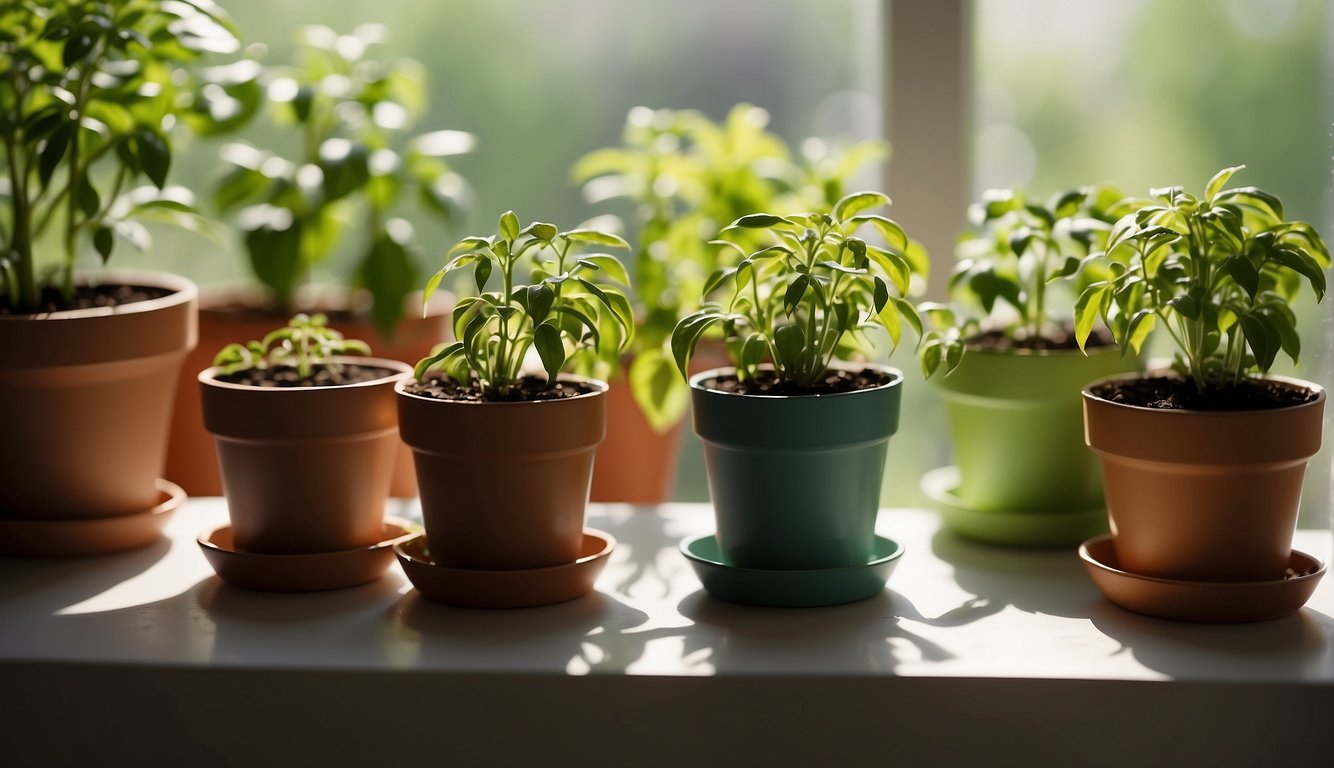 Pepper seeds sit in small pots on a sunny windowsill. A watering can and gardening tools are nearby. The room is bright and filled with green plants