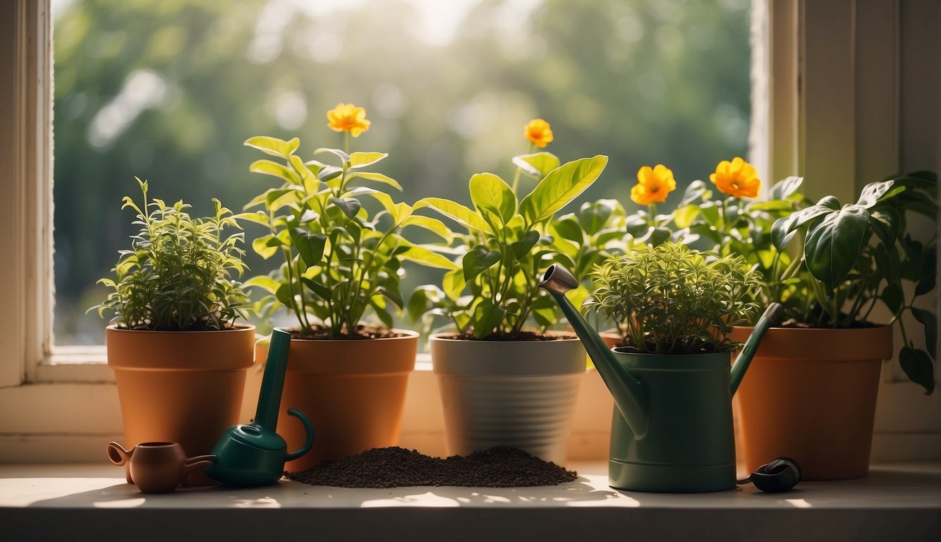 A sunny window sill with potted pepper plants, surrounded by gardening tools, watering can, and plant fertilizer