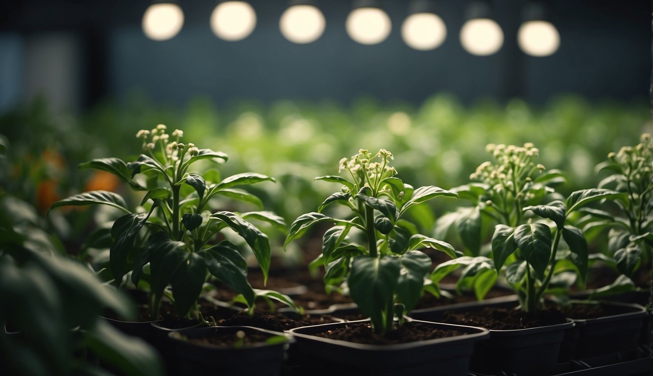Lush green pepper plants thrive under bright indoor grow lights, with small flowers blooming and young peppers beginning to form