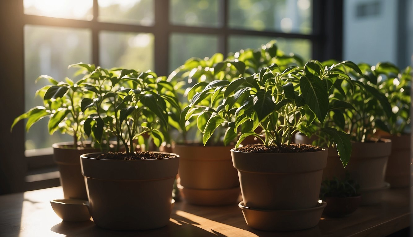 Pepper plants being carried indoors from a garden. Sunlight streaming through windows onto indoor plants