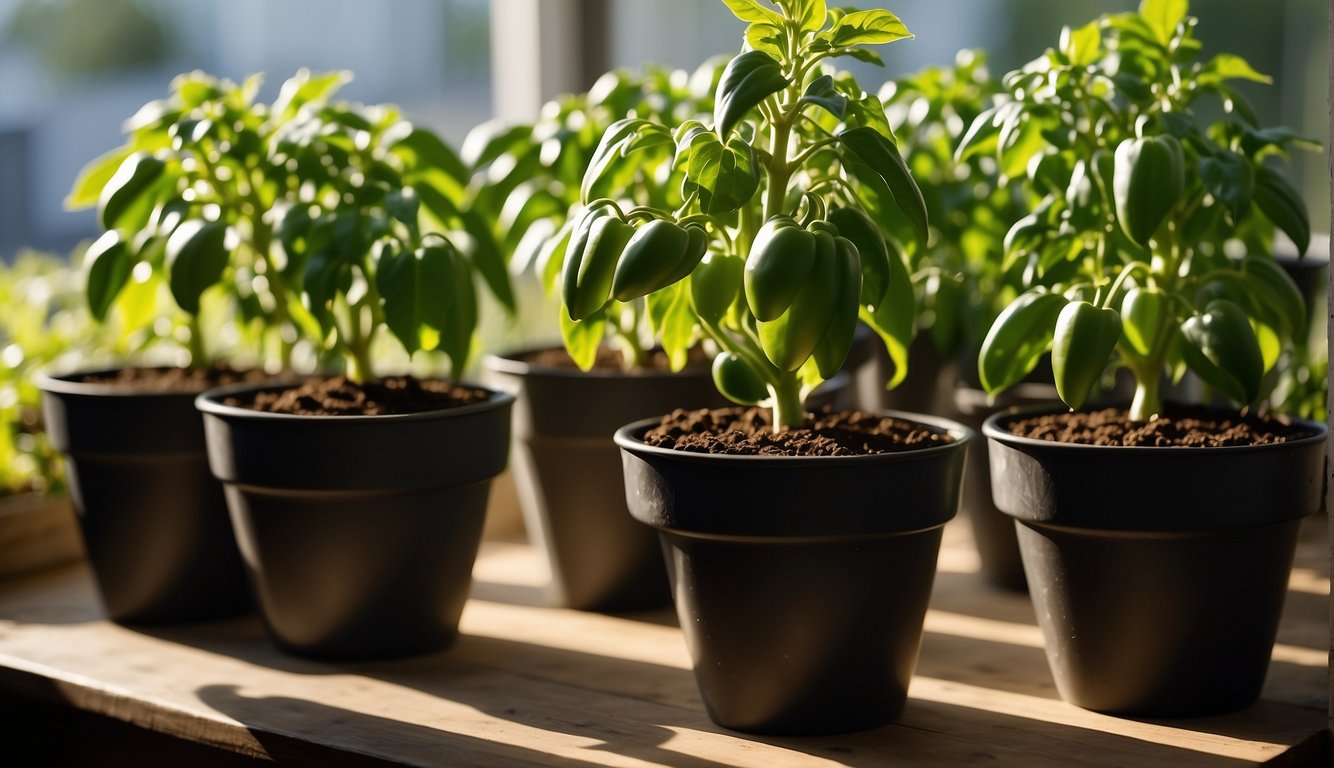 Lush green pepper plants thrive in pots on a sunlit windowsill, surrounded by gardening tools and bags of nutrient-rich soil