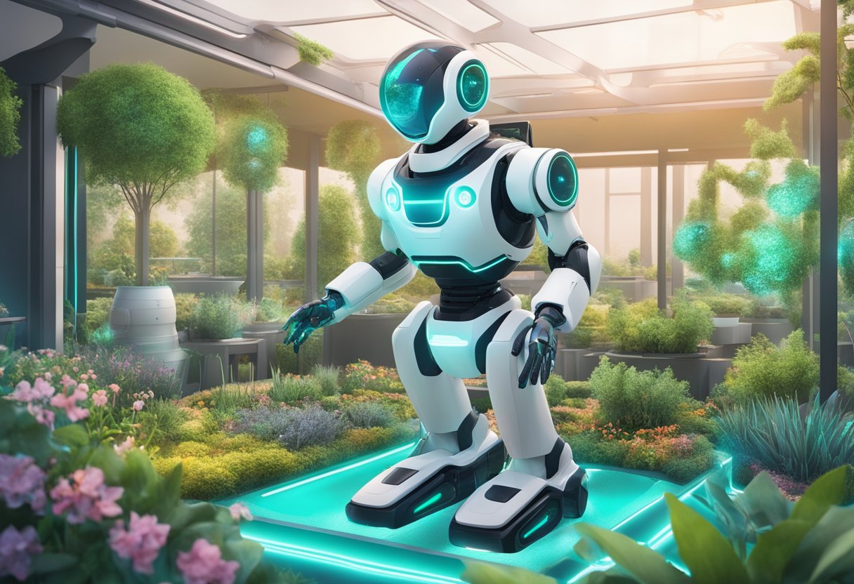 Um jardim futurista com plantadores robóticos e displays holográficos, apresentando tecnologias avançadas de jardinagem e conceitos de design inovadores