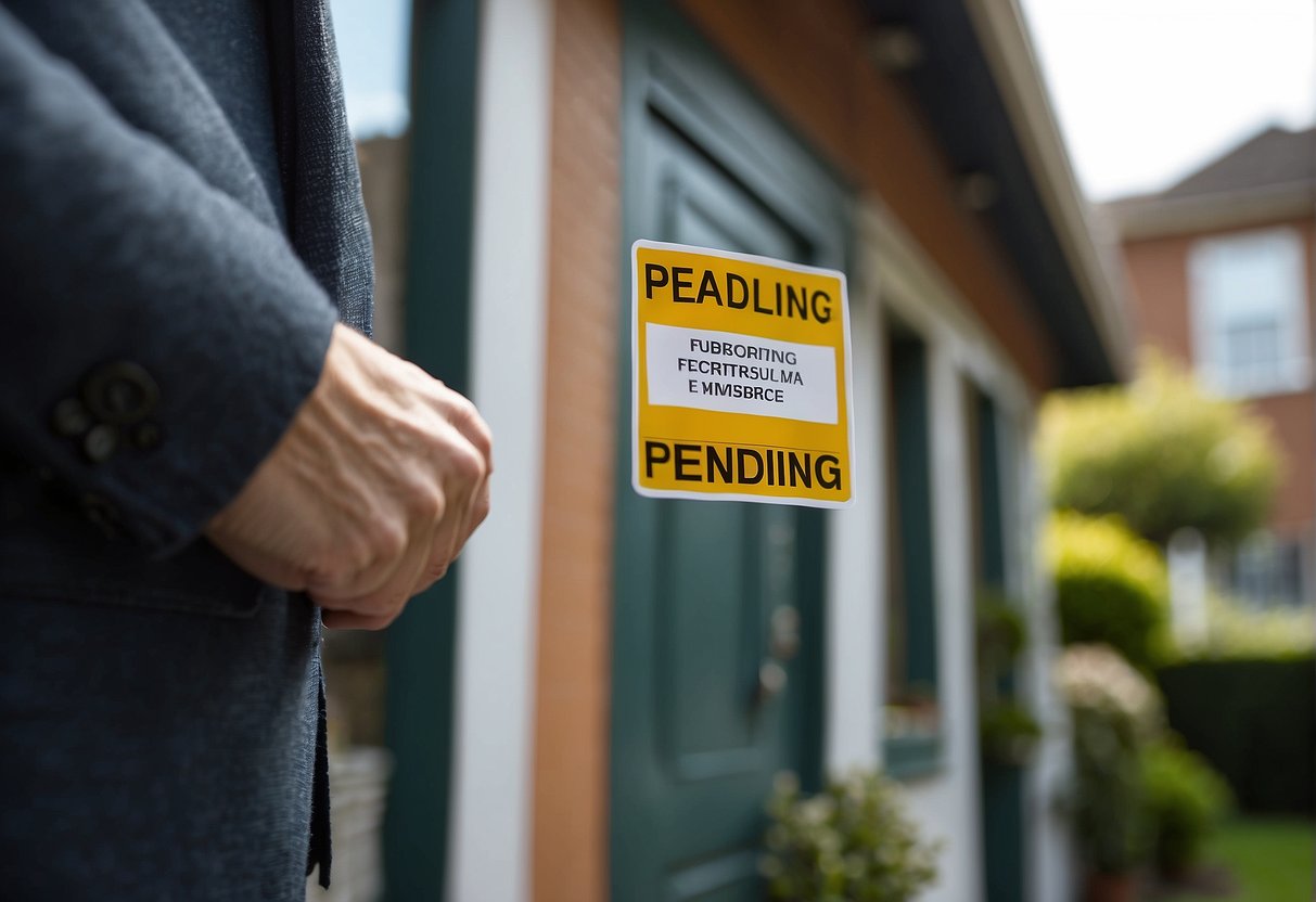 A "Pending to Active" sign on a house, with a real estate agent removing the "Pending" sticker and replacing it with an "Active" sticker