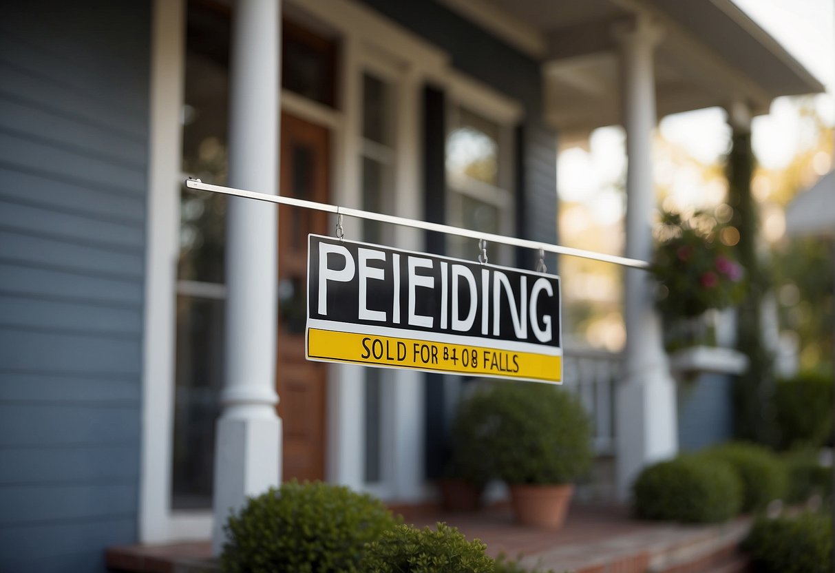A "Pending" sign on a house, with a "Sold" sign being removed and a "For Sale" sign being put up