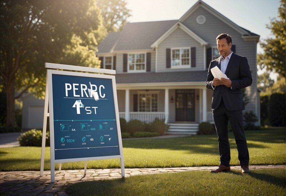 A house with a "PERC Test" sign in the front yard, a real estate agent explaining the concept to potential buyers, and a diagram illustrating the process