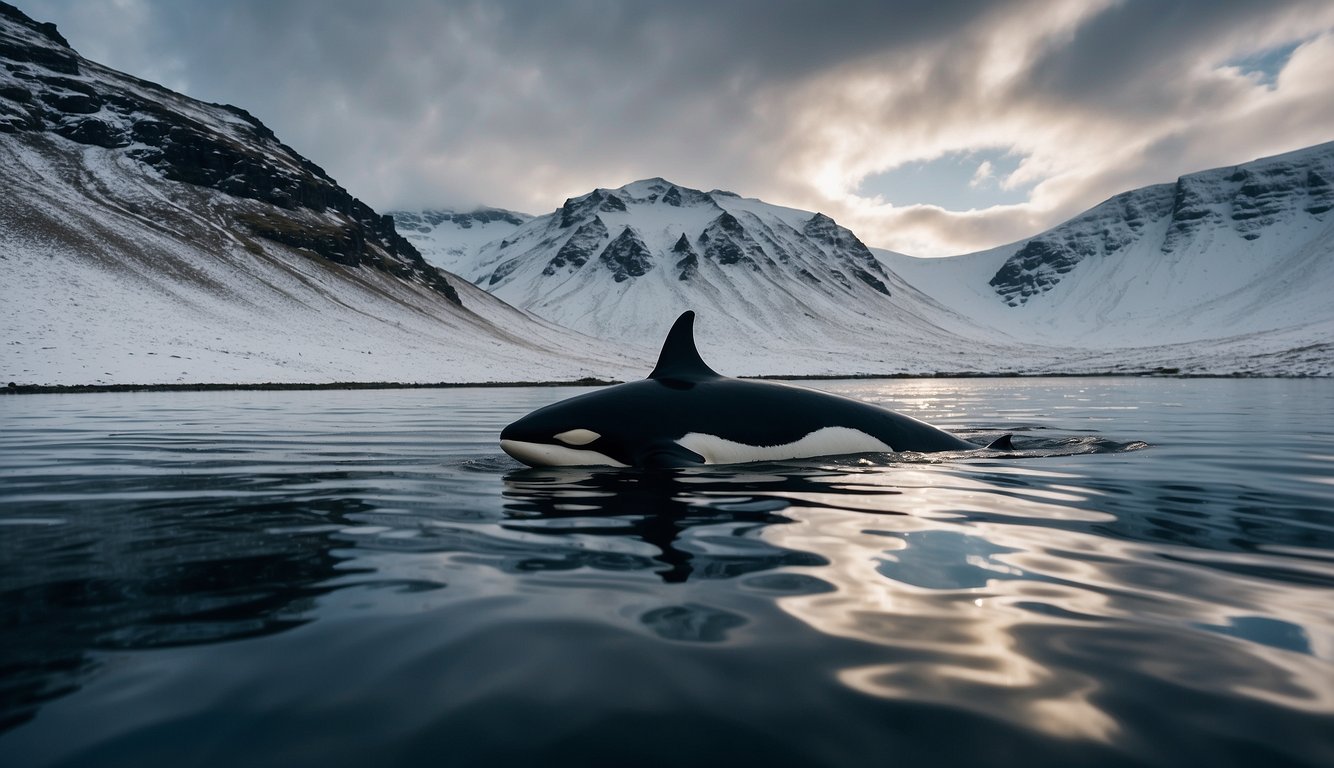 Orca tours in Iceland: A sleek orca breaches the surface of the crystal-clear waters, surrounded by snow-capped mountains and a dramatic, overcast sky