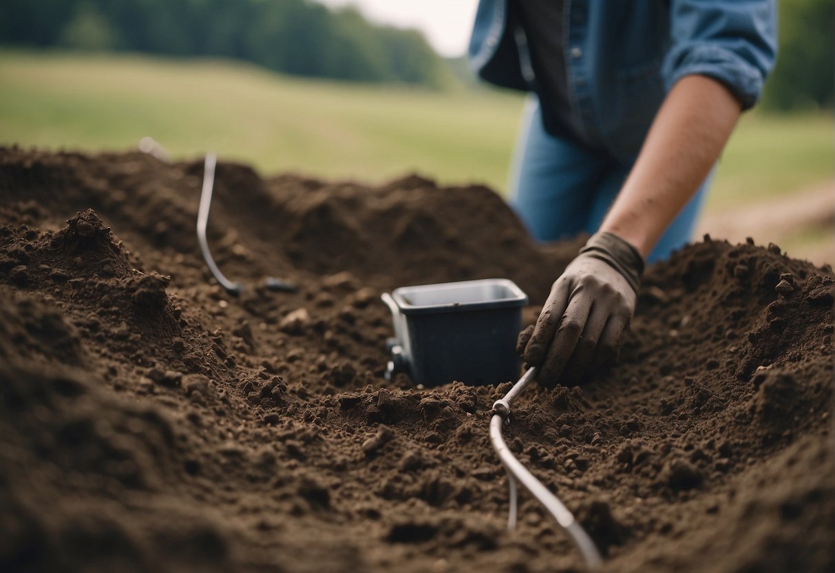 A soil scientist conducts a PERC test, digging a hole and observing water absorption to assess the suitability of the soil for a septic system
