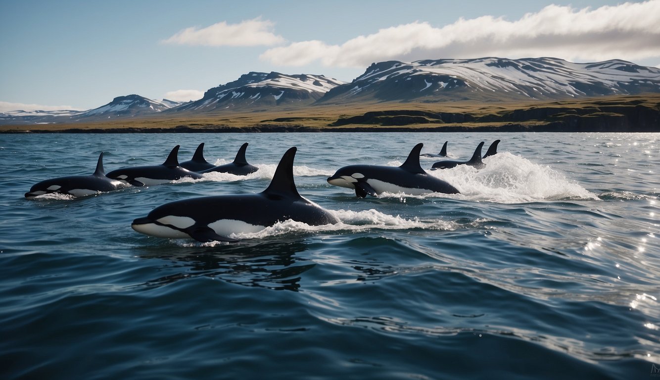 A pod of orcas breaches the surface, surrounded by Iceland's stunning marine sanctuaries