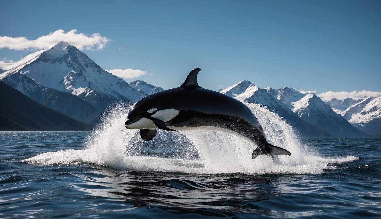 A boat cruises through icy waters, surrounded by snow-capped mountains. A majestic orca breaches the surface, its sleek black and white form cutting through the waves