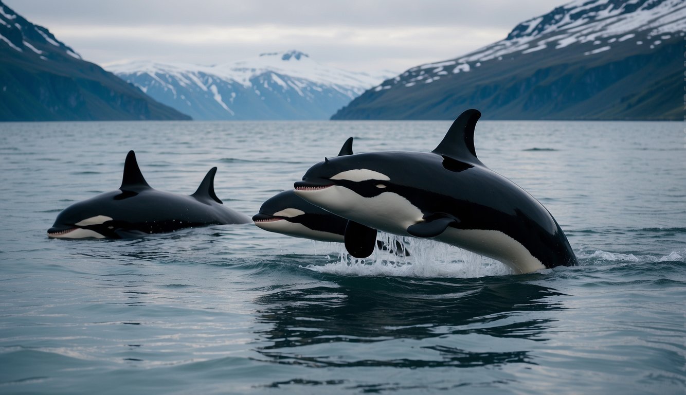 Orcas swim gracefully through icy waters, surrounded by snow-capped mountains and glaciers. Tour boats offer close-up views of the majestic creatures during their seasonal migration in Iceland