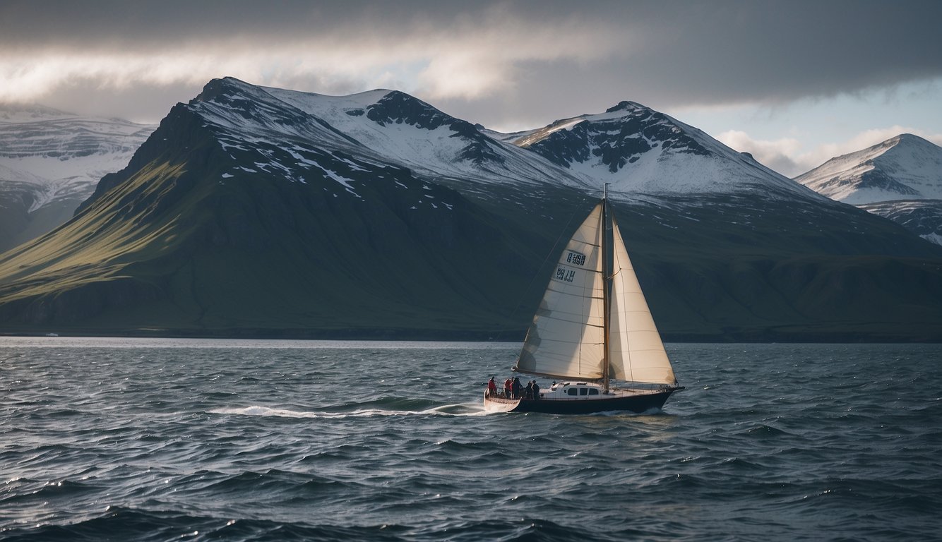 A boat sails away from Snaefellsnes Peninsula, surrounded by calm waters and distant mountains. Orcas surface nearby, their sleek bodies cutting through the waves