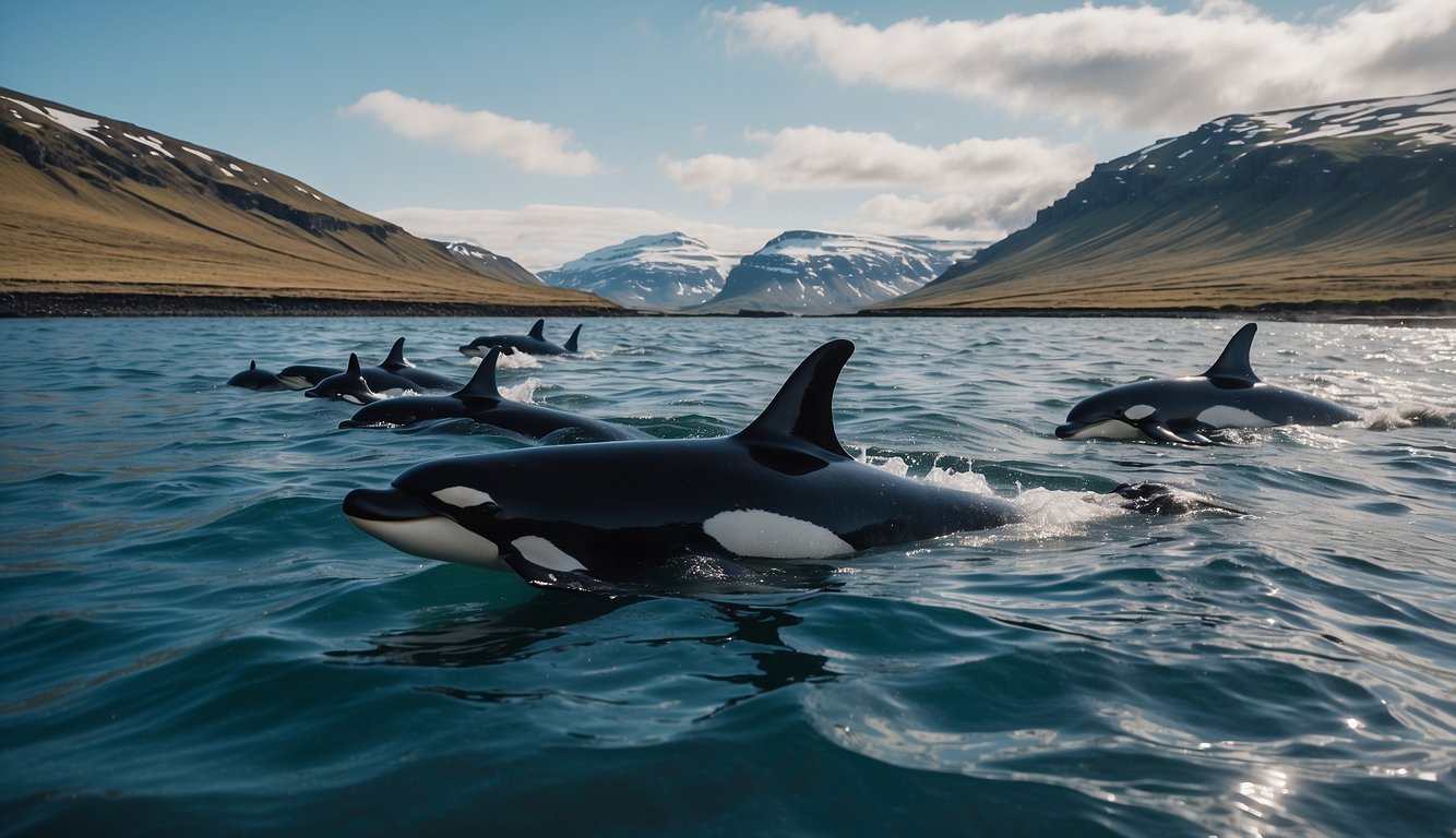 A group of orcas swim gracefully through the crystal-clear waters off the coast of Iceland, surrounded by a diverse array of marine life. A boat filled with tourists watches in awe as their guide educates them on the importance of conservation efforts