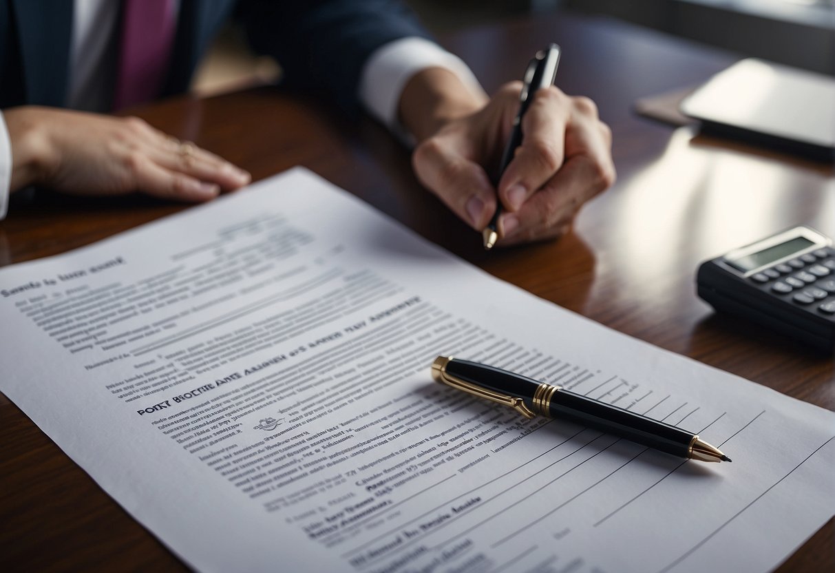 A real estate agent signing a power of attorney document at a desk with legal papers and a pen, while a client looks on