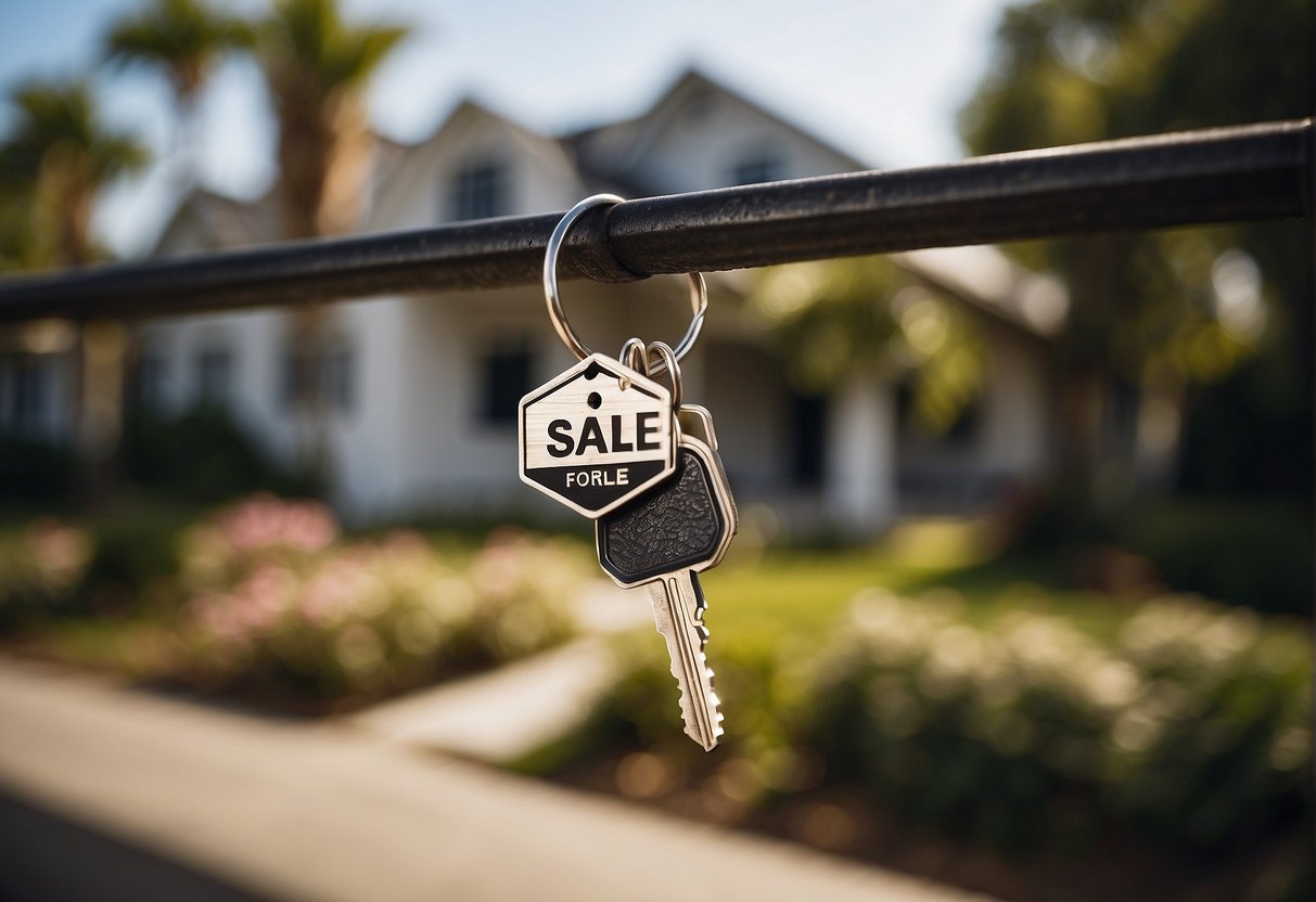 A set of keys hanging from a real estate sign, with a sold sticker on the "For Sale" sign, indicating a completed transaction and transfer of possession