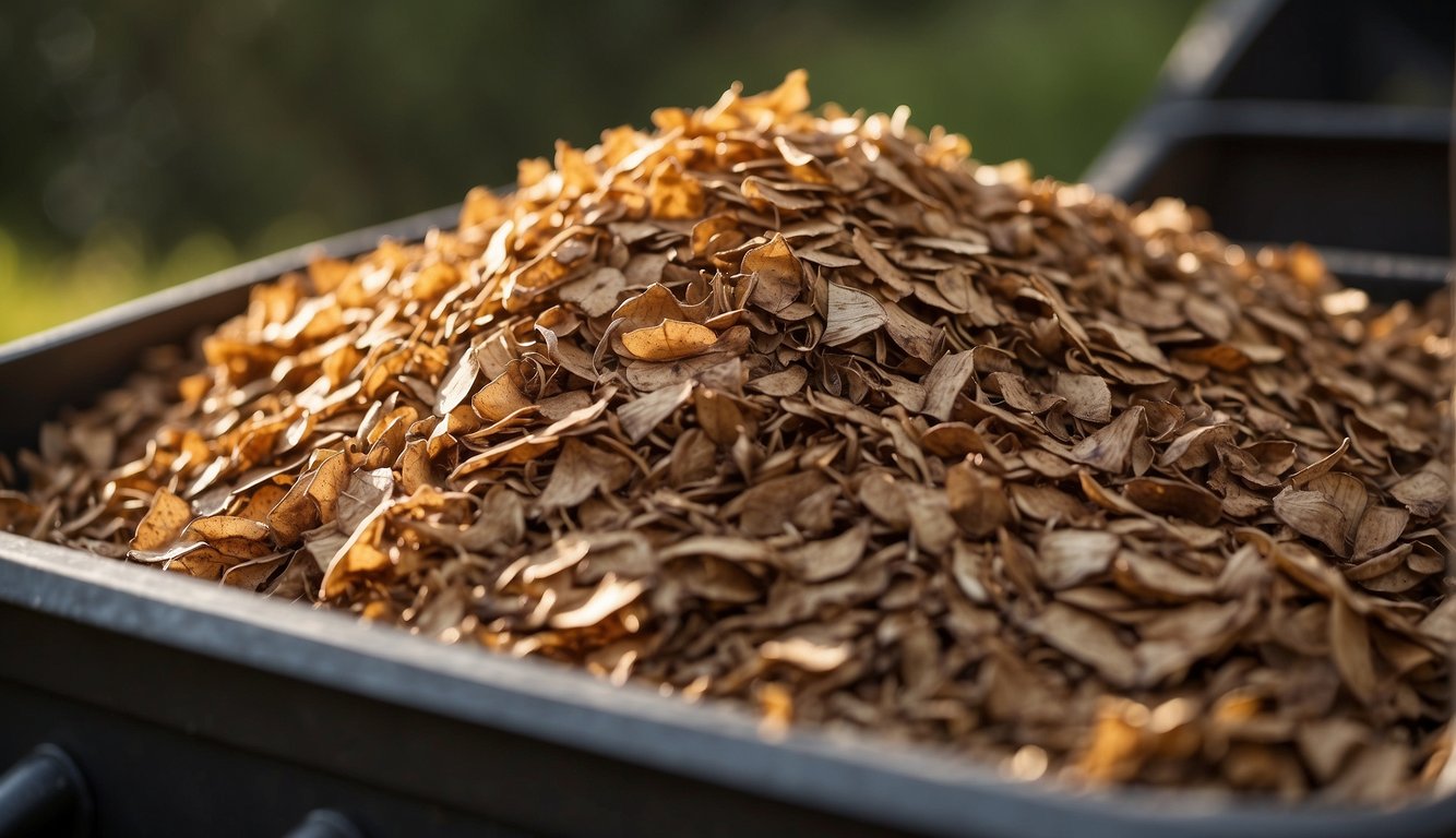 Wood chips piled in a compost bin, surrounded by organic materials and moisture. Temperature and aeration are controlled factors