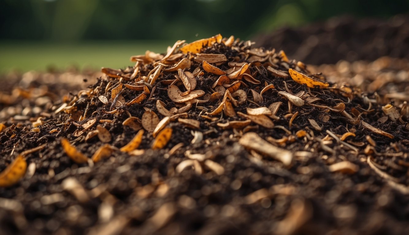 A pile of wood chips decomposes into rich compost. Nutrients break down, while earthworms aerate the mixture