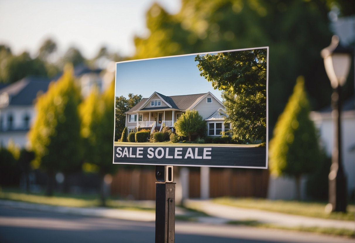 A person's perspective looking out at a residential neighborhood with various houses, a real estate sign, and a "For Sale" banner