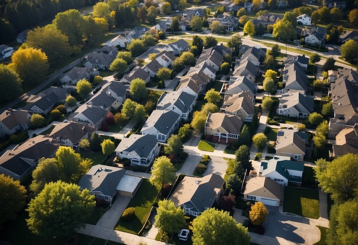 A bird's eye view of a suburban neighborhood with houses, streets, and green spaces, showcasing the perspective of a real estate buyer or investor