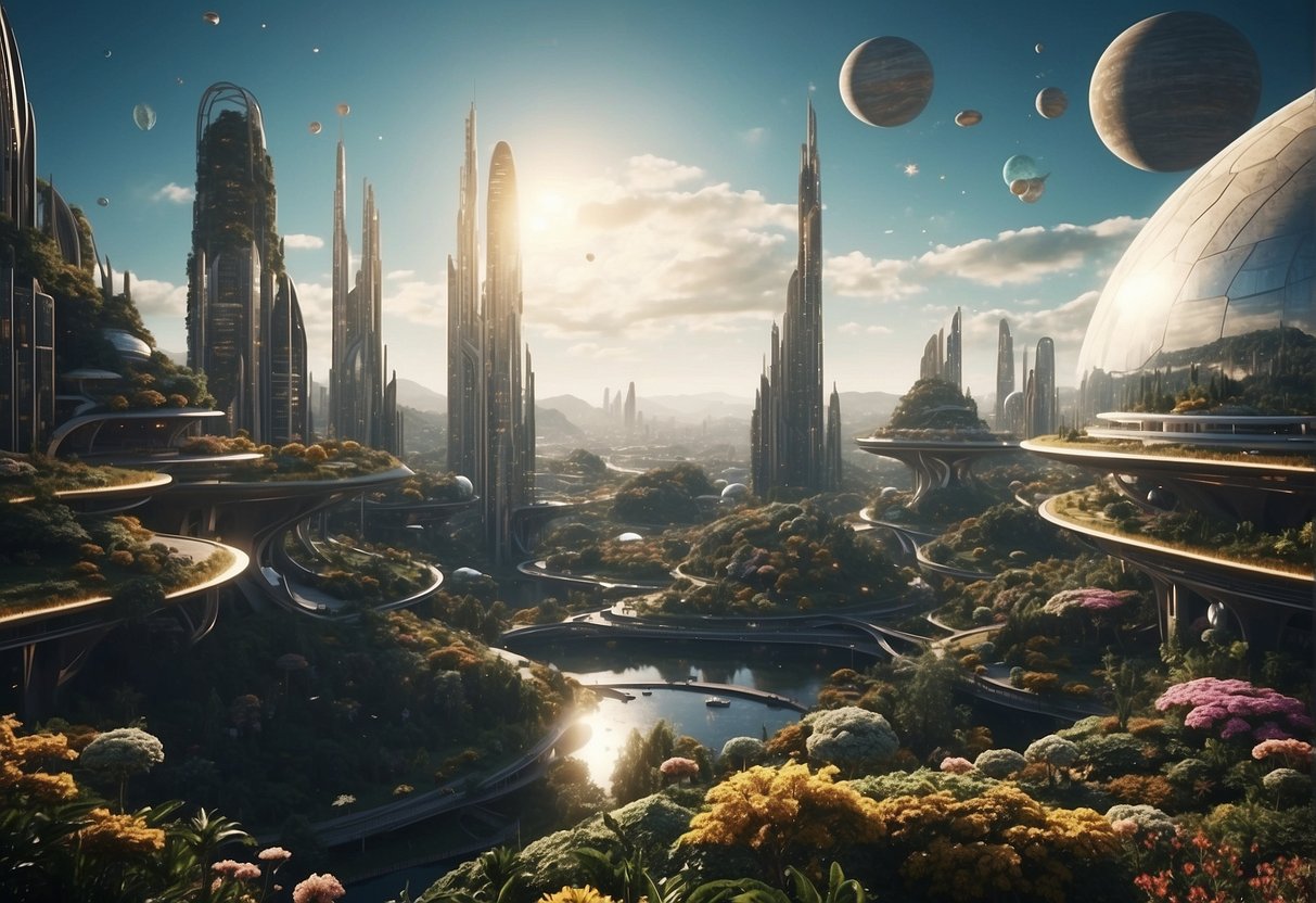 A Futuristic City With Gravity-Defying Architecture, Surrounded By Alien Flora And Fauna, Under A Sky Filled With Multiple Moons And A Distant Sun