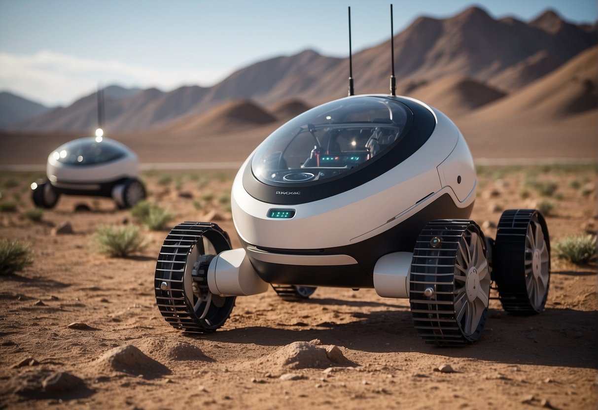 Robotic Rovers Traverse The Barren Landscape, Collecting Samples And Transmitting Data Back To Earth. High-Tech Domed Habitats Provide Shelter From The Harsh Environment, While Advanced Greenhouses Sustain Life With Fresh Produce