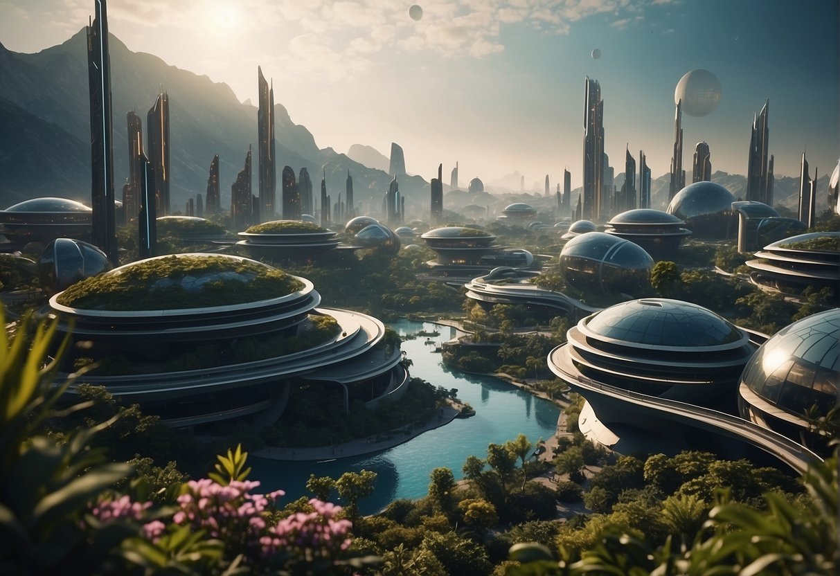 A Futuristic City On An Alien Planet, With Towering Structures And Advanced Technology, Surrounded By Unique Flora And Fauna