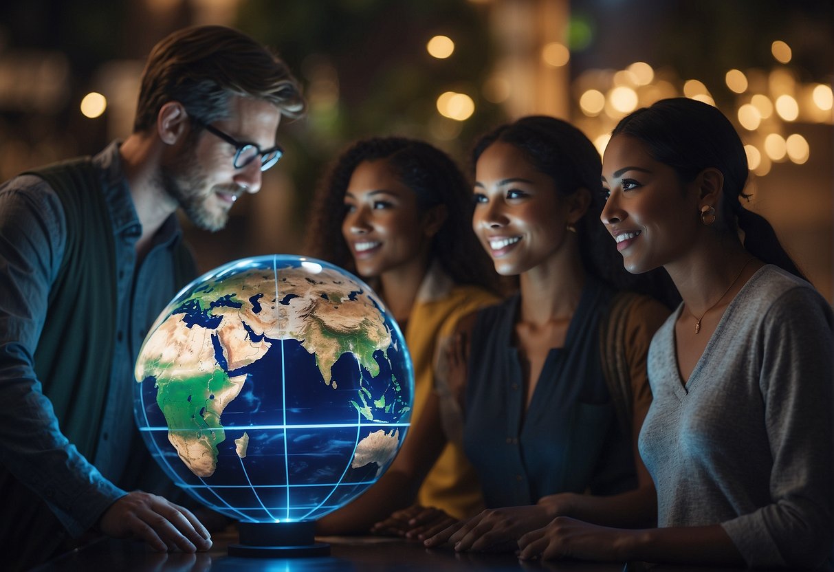 People From Different Cultures Gather Around A Holographic Globe, Discussing The Impact Of Living On Another Planet. The Scene Is Filled With Curiosity And Excitement As They Imagine The Possibilities Of A New World