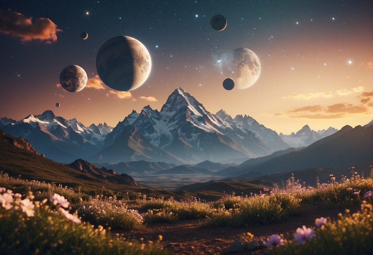 A Peaceful Alien Landscape With Towering Mountains, Glowing Flora, And Multiple Moons In The Sky