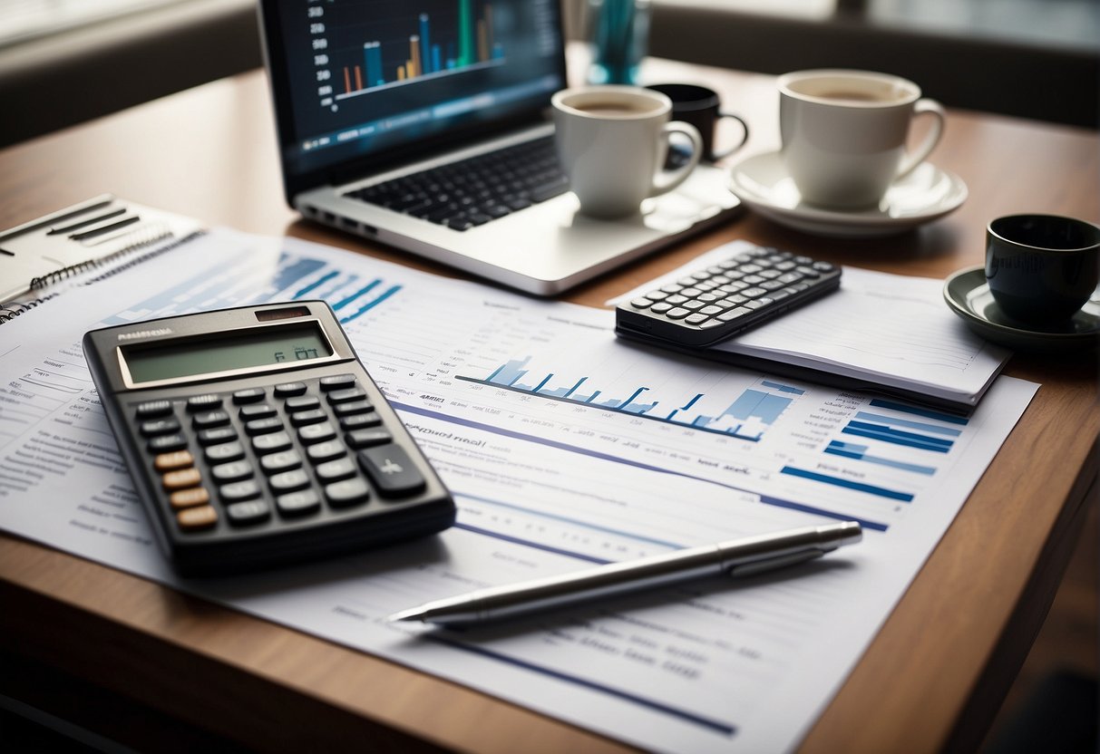 A table with real estate finance textbooks, charts, and graphs. A calculator, pen, and notepad are nearby. A laptop displays a spreadsheet of financial data