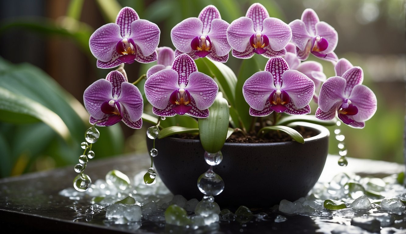 Orchids sit in a pot, surrounded by ice cubes melting into the soil. Water droplets cling to the leaves as the orchids absorb the cool hydration