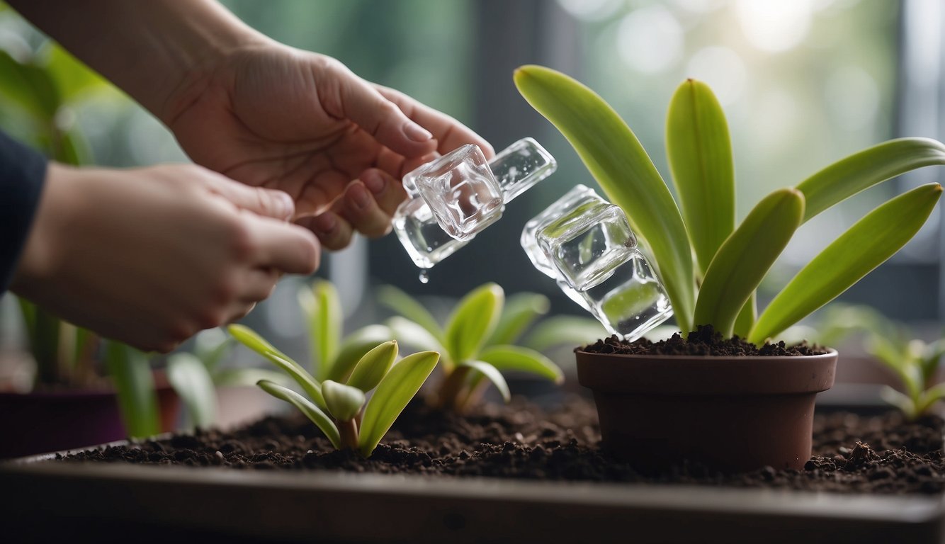 A hand places an ice cube on the soil of an orchid pot. The ice slowly melts, providing a slow and steady watering for the plant