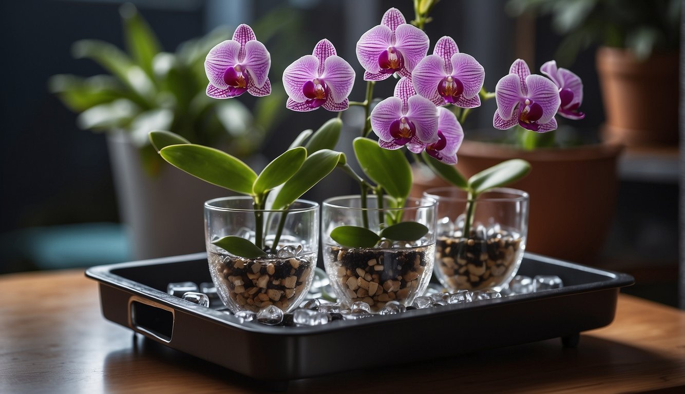 An orchid pot sits on a tray filled with ice cubes. Water drips down from the melting cubes onto the soil