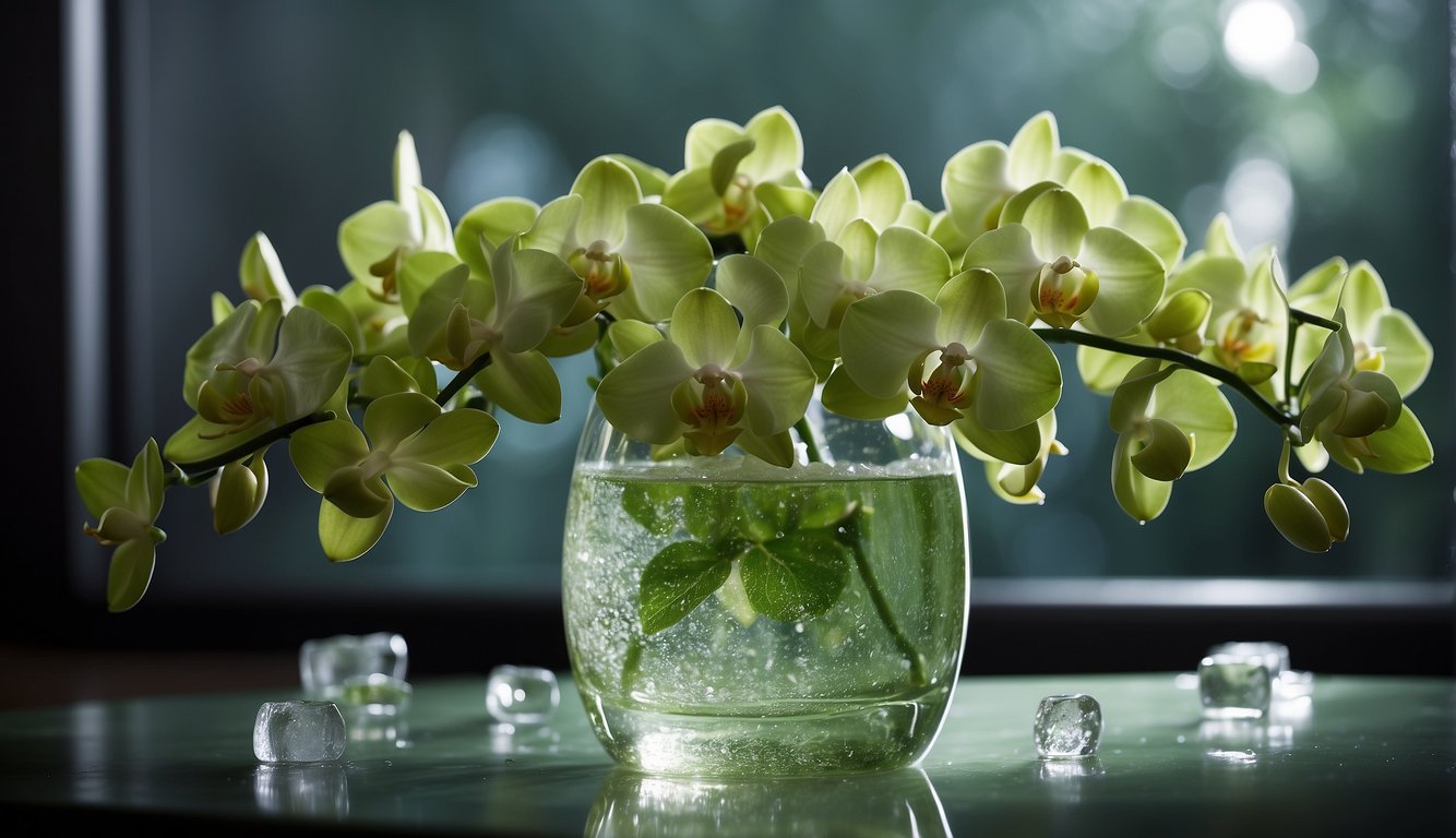 Lush green orchids sit in a clear glass vase, surrounded by glistening ice cubes, creating a serene and refreshing scene
