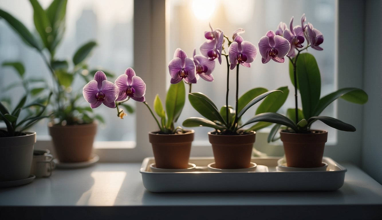 Brightly lit room, with a potted orchid on a windowsill. A hand reaches in with a tray of ice cubes, gently placing them around the base of the plant